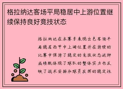 格拉纳达客场平局稳居中上游位置继续保持良好竞技状态 格拉纳达客场平局稳居中上游位置继续保持良好竞技状态