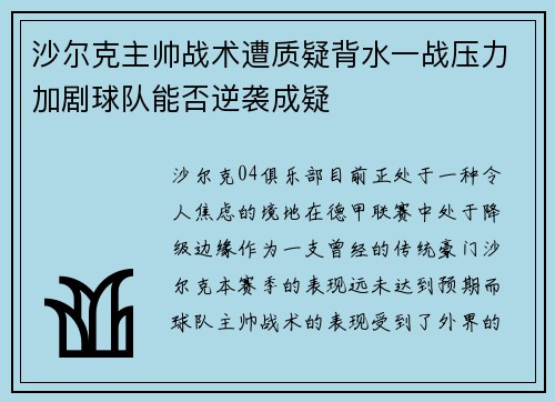 沙尔克主帅战术遭质疑背水一战压力加剧球队能否逆袭成疑 沙尔克主帅战术遭质疑背水一战压力加剧球队能否逆袭成疑