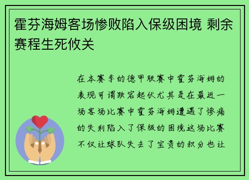 霍芬海姆客场惨败陷入保级困境 剩余赛程生死攸关 霍芬海姆客场惨败陷入保级困境 剩余赛程生死攸关